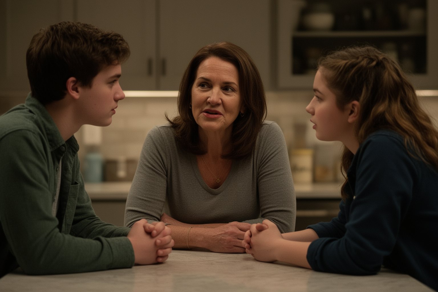 Raising Teenage Twins: The Teen Years and Beyond Mother talking with her grown twins at the kitchen island