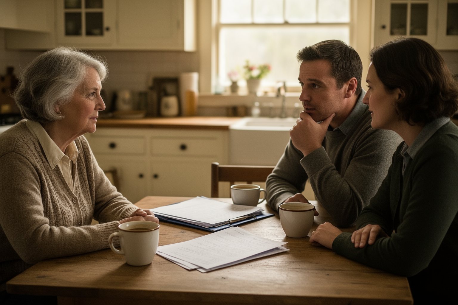 Parents talking with their adult children about the family plan at a kitchen table