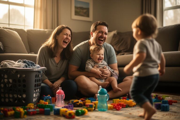 Raising Young Twins: Surviving the Twin Tornado Parents laughing in a living room scattered with toys while their twin toddlers play, raising young twins