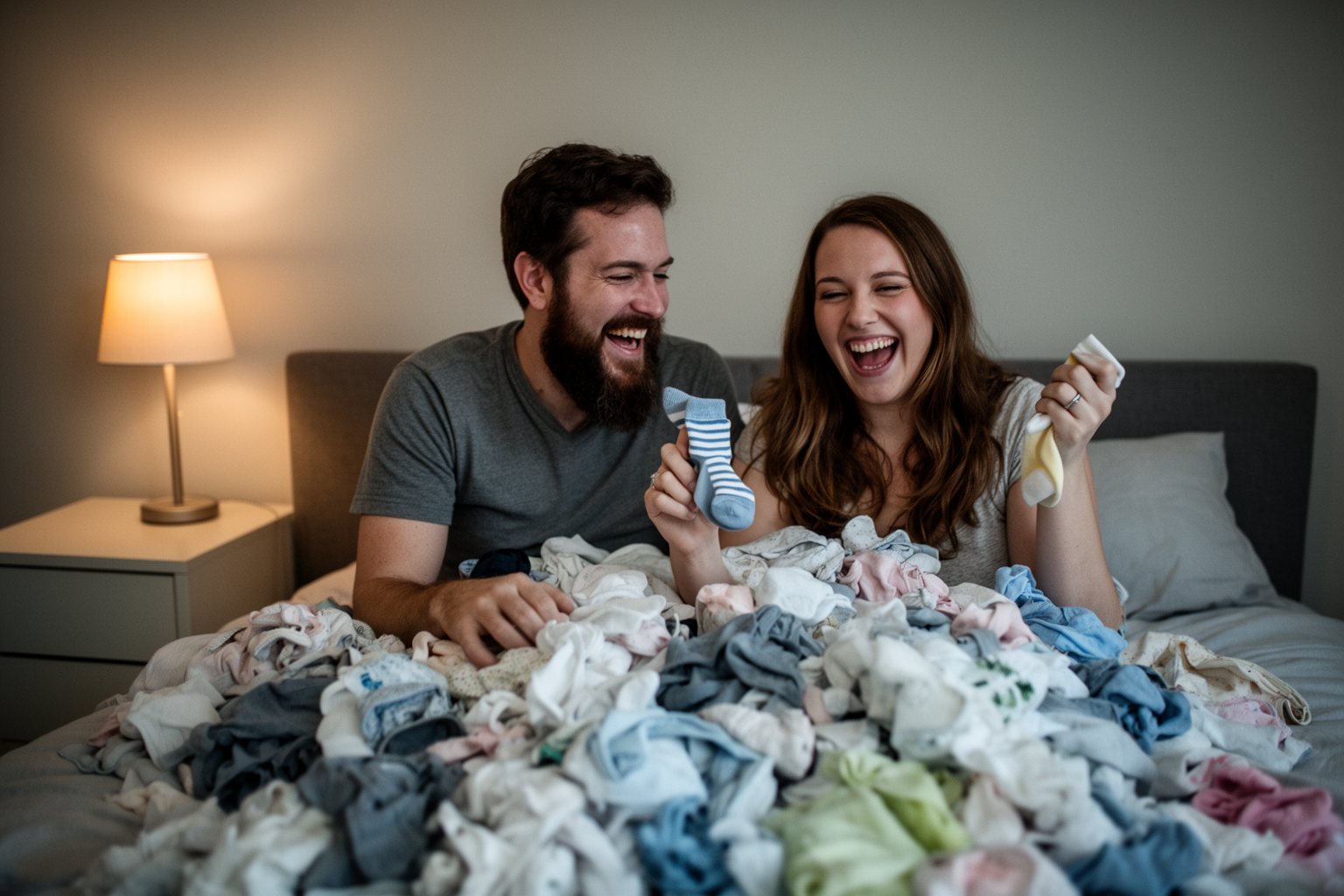 Raising Young Twins: Surviving the Twin Tornado Parents laughing over a mountain of tiny laundry on the bed