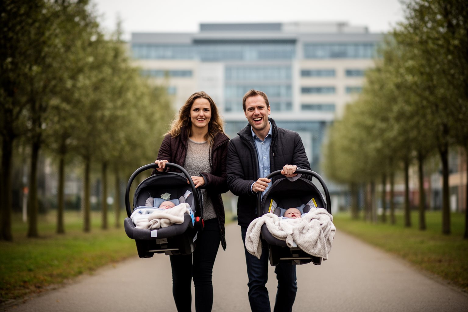 Twin Parenting: The Unexpected Journey of Tears and Laughter Parents leaving the hospital carrying two infant car seats