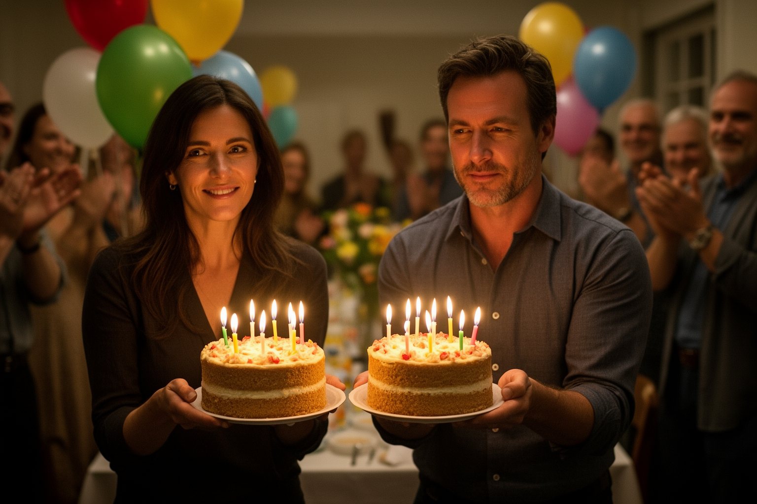 Twin Parenting: The Unexpected Journey of Tears and Laughter Parents carrying two birthday cakes with candles to a party table