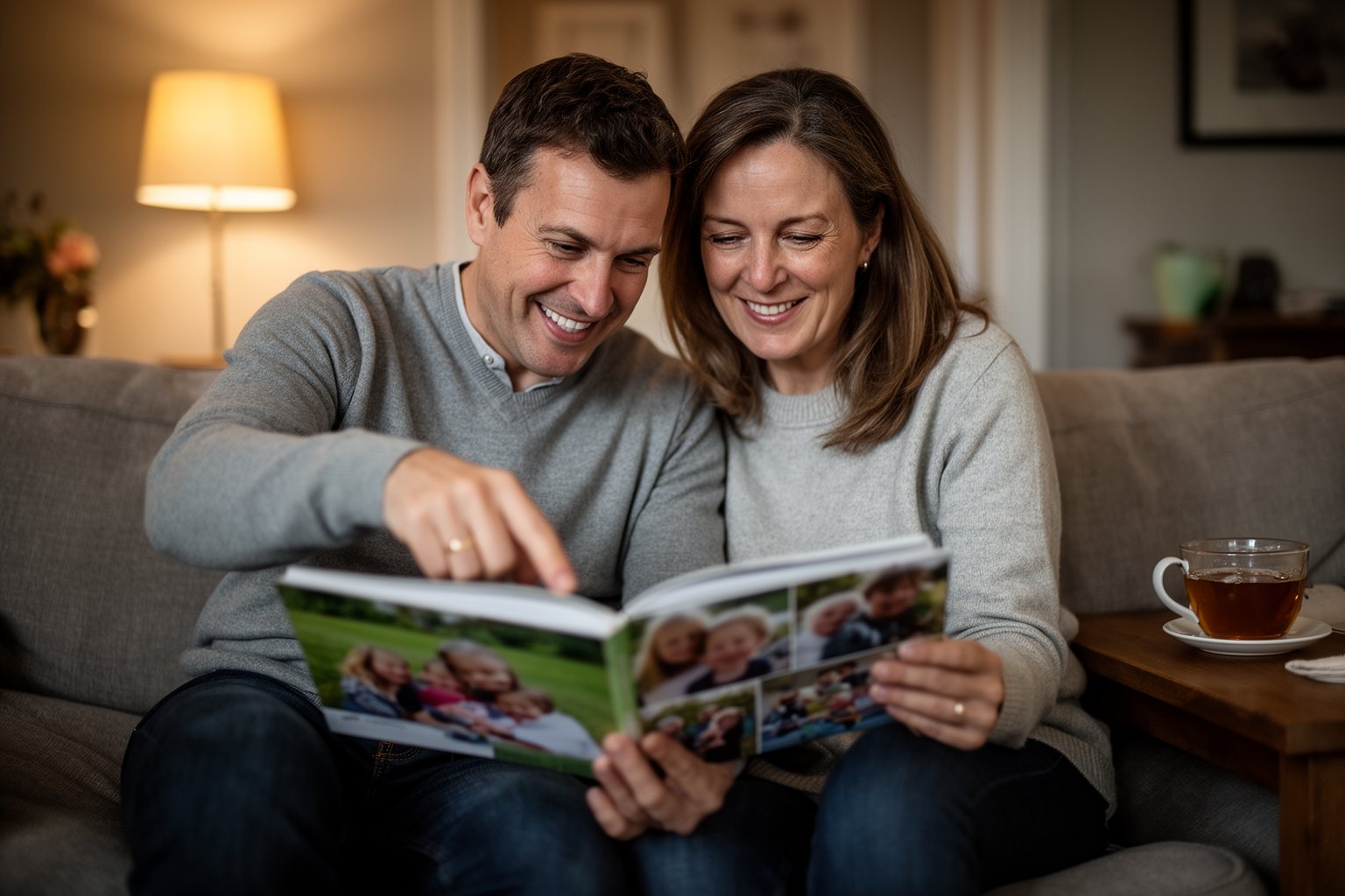 Twin Parenting: The Unexpected Journey of Tears and Laughter Parents looking through a photo album of their twins' early years