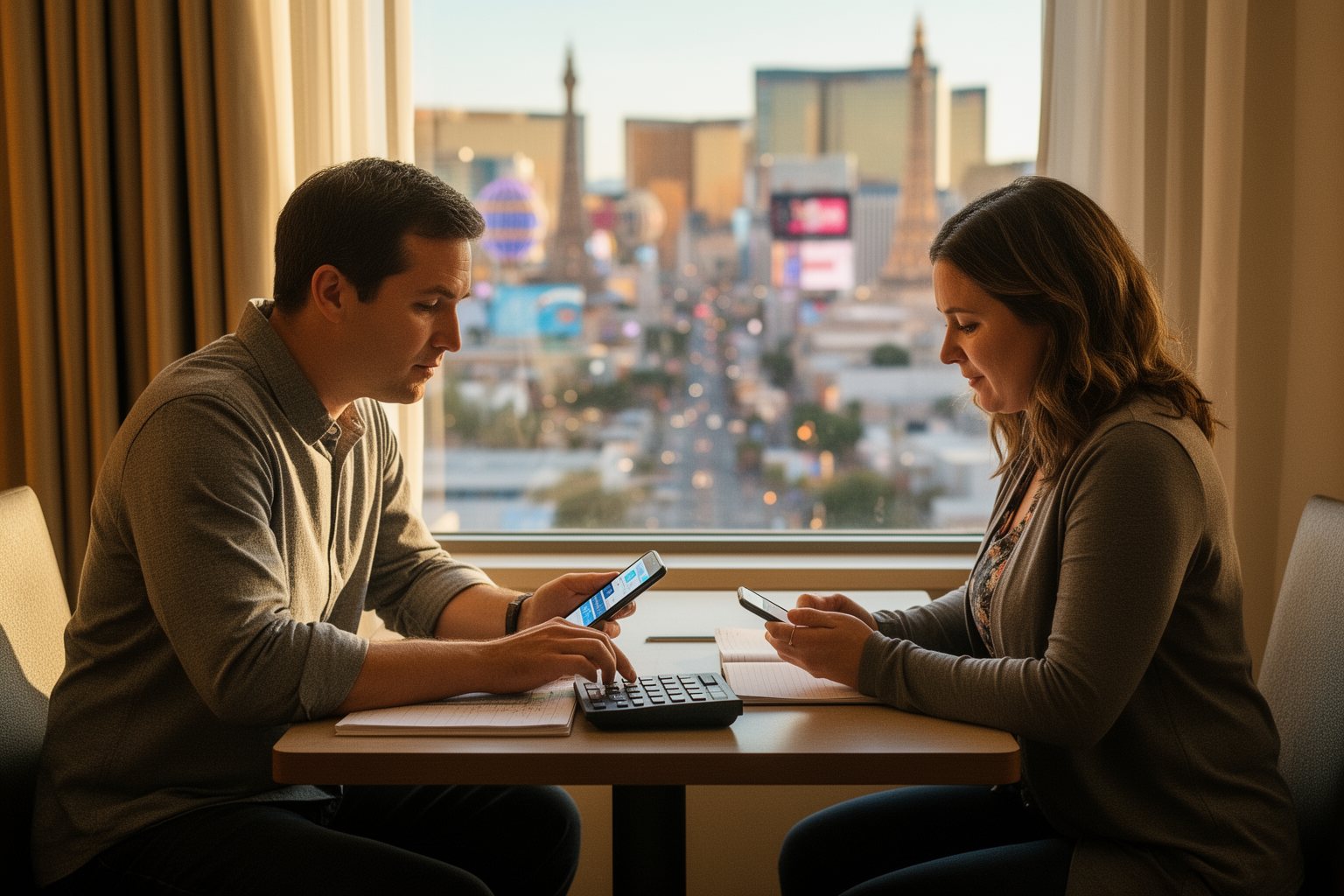 Your Family’s Perfect Home Base: Child-Friendly Hotels in Vegas Parents planning their Las Vegas family vacation budget in a hotel room with a Strip view