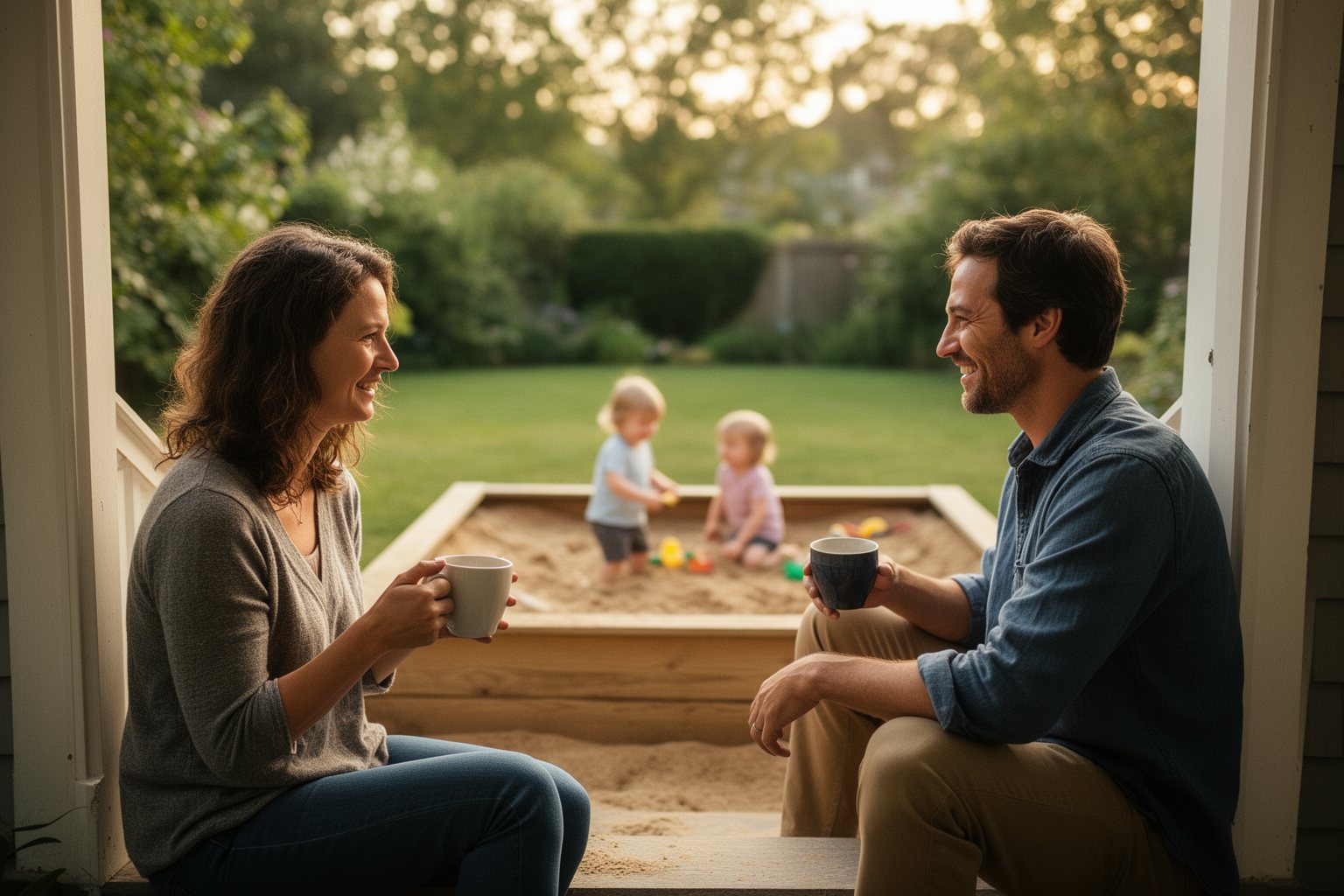 Raising Young Twins: Surviving the Twin Tornado Parents watching from the porch as their young twins play together in the garden