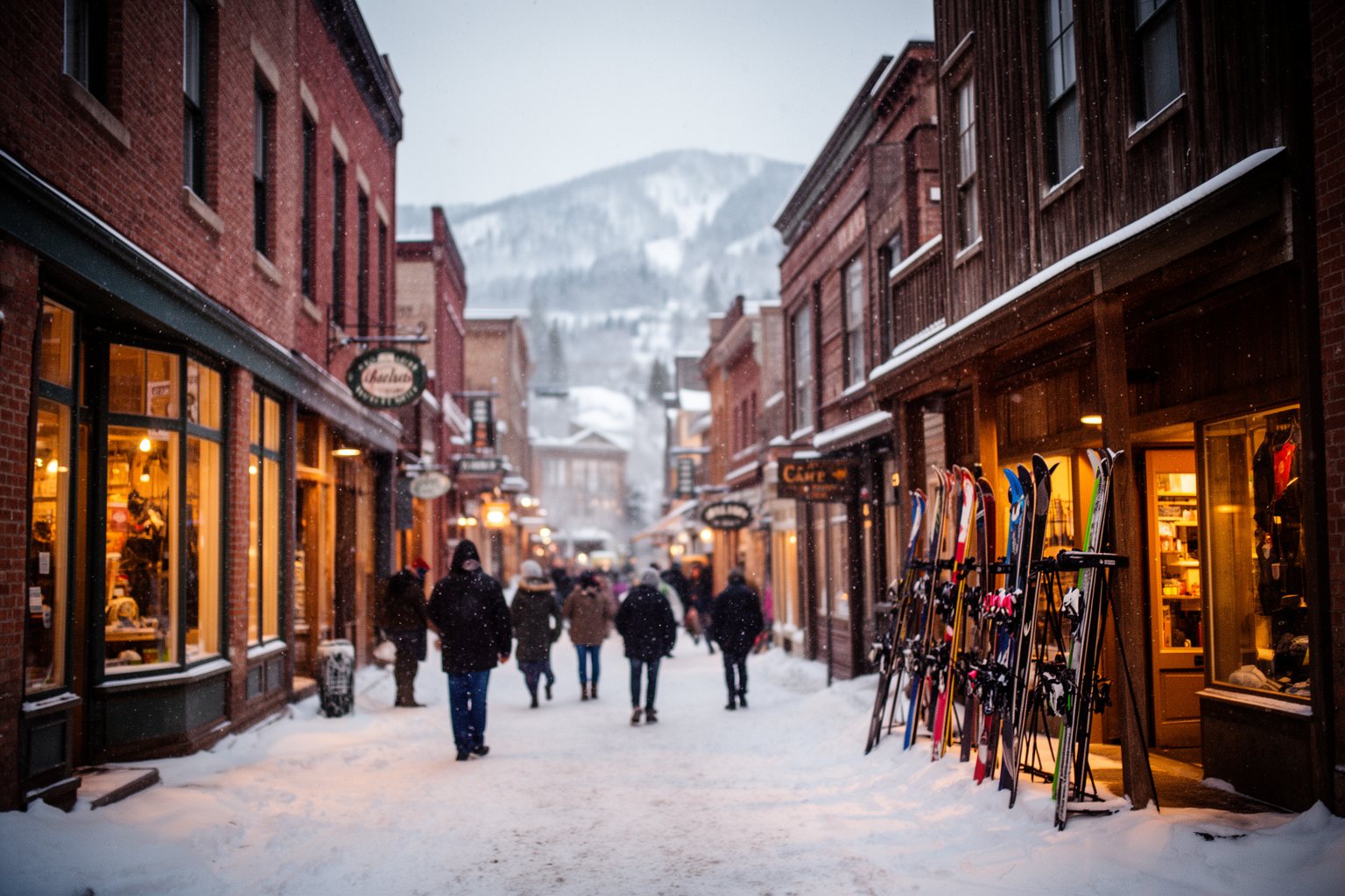 Utah Ski Towns: Park City, Alta, Snowbird and More Snowy historic Main Street in Park City, Utah, with brick storefronts and evening strollers