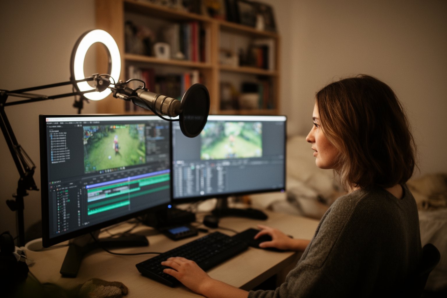 PC vs Console Gaming Cost: Which Is Cheaper Long Term? Woman streaming and editing video on a PC with a microphone and dual monitors