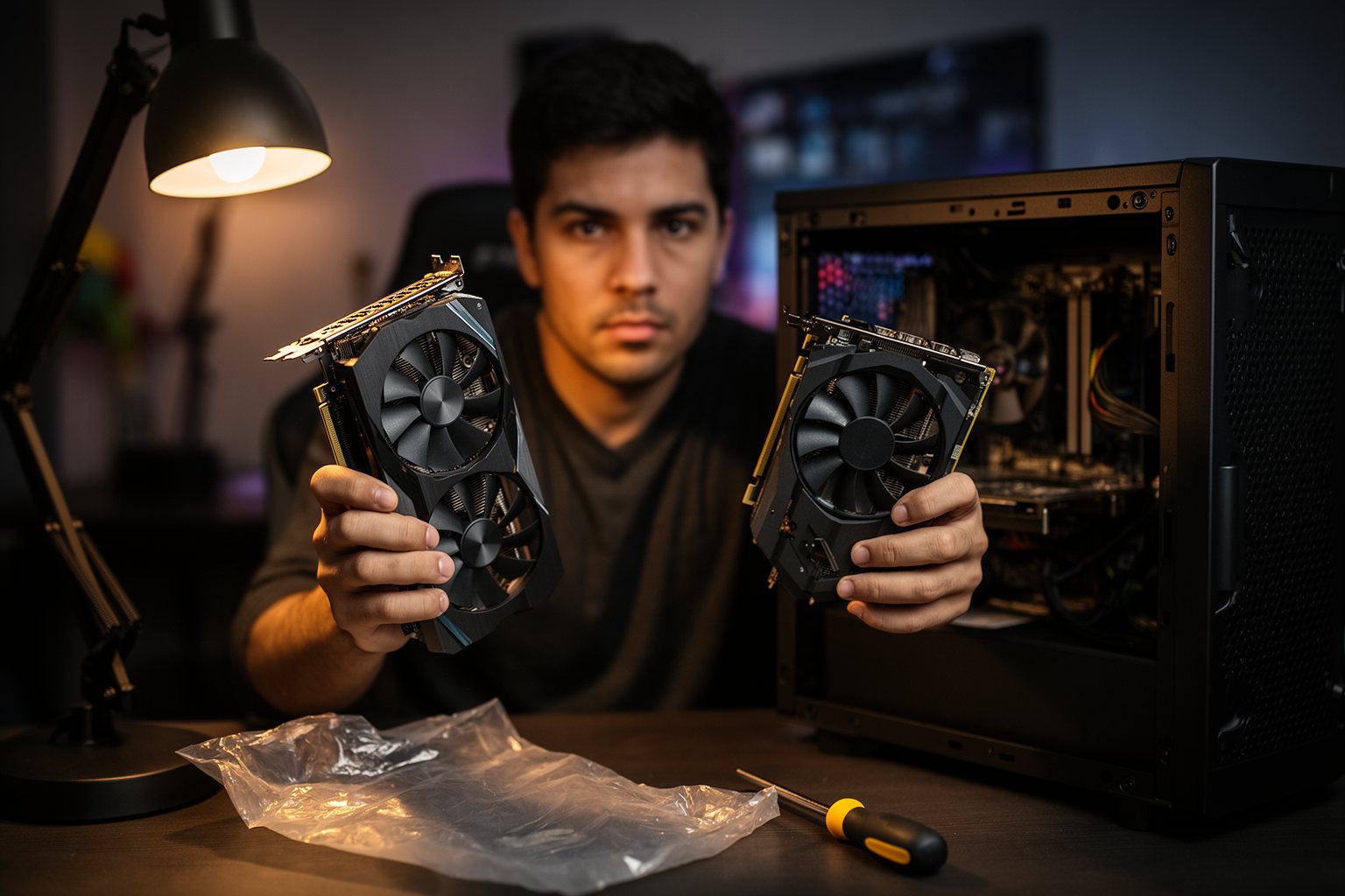 PC vs Console Gaming Cost: Which Is Cheaper Long Term? Gamer swapping an old graphics card for a new one at a desk