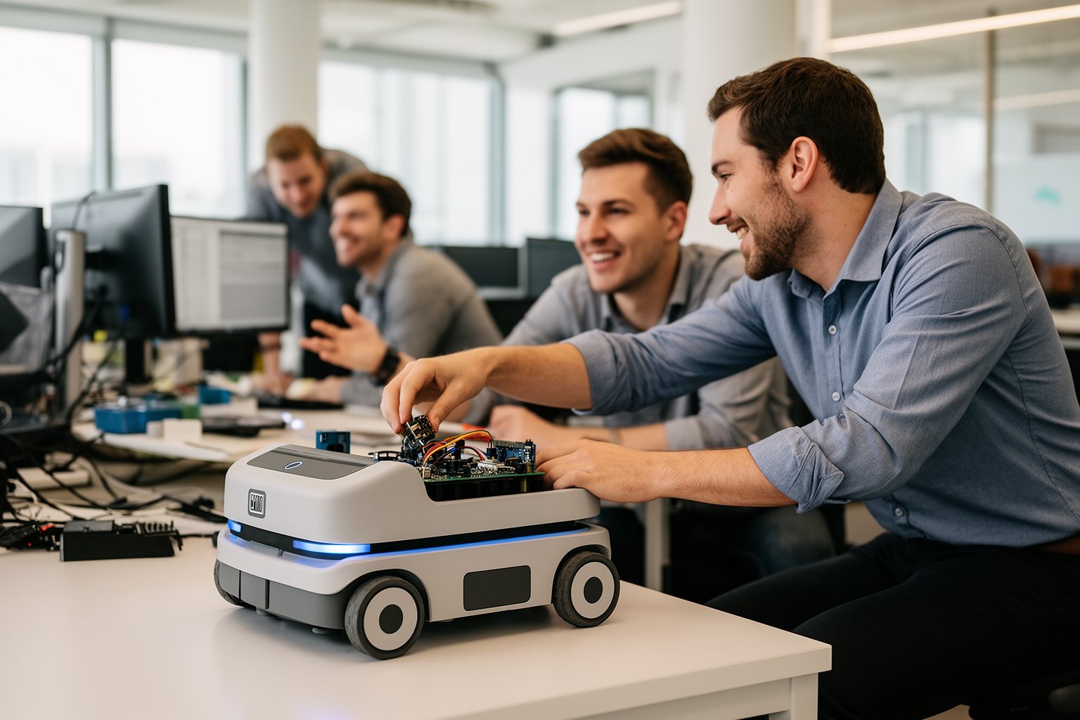 AI Outsmarting Humans: Capabilities, Limits and Ethics Office team working alongside a helpful service robot in a shared workspace
