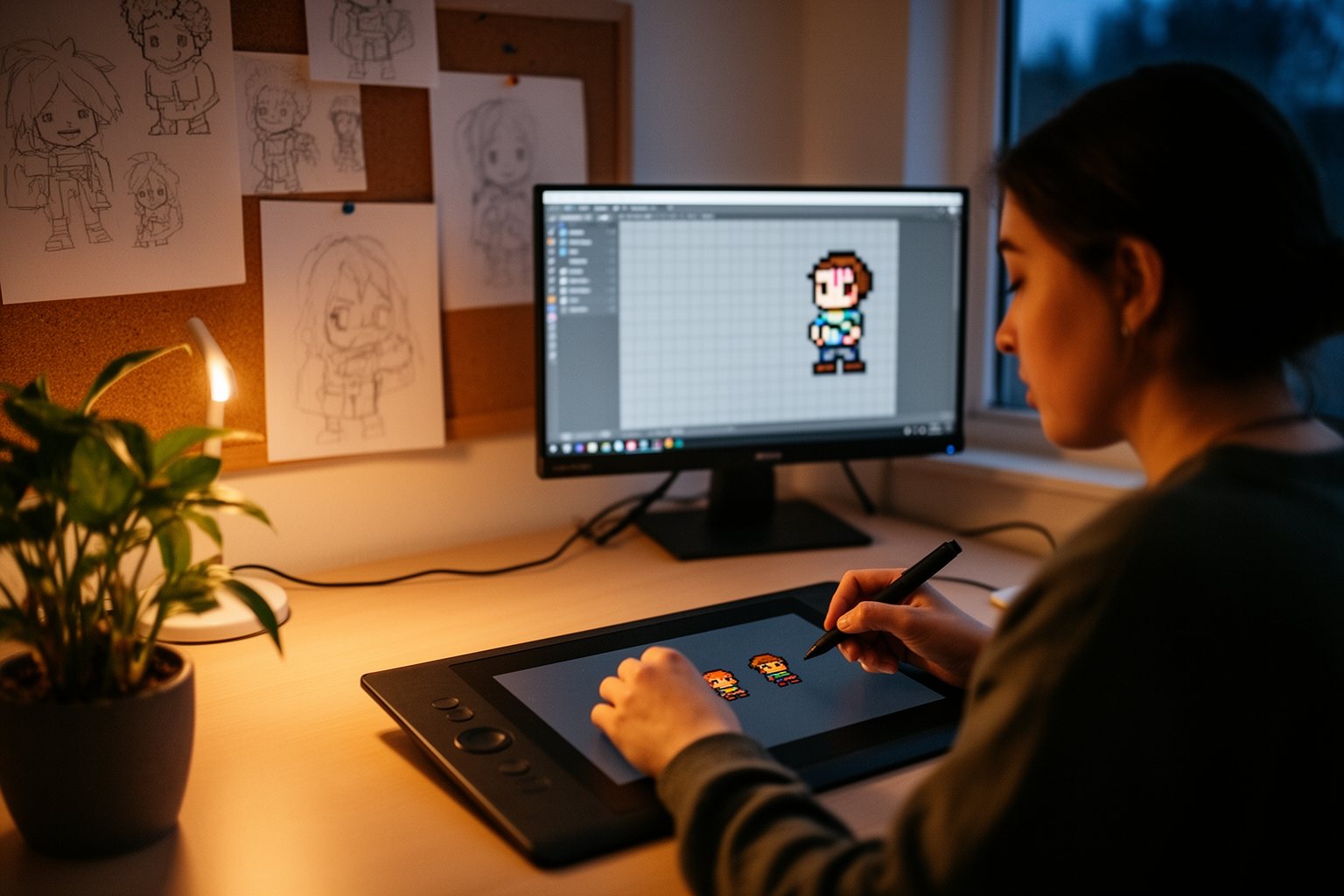 Pixel artist drawing sprites on a tablet in a small home studio