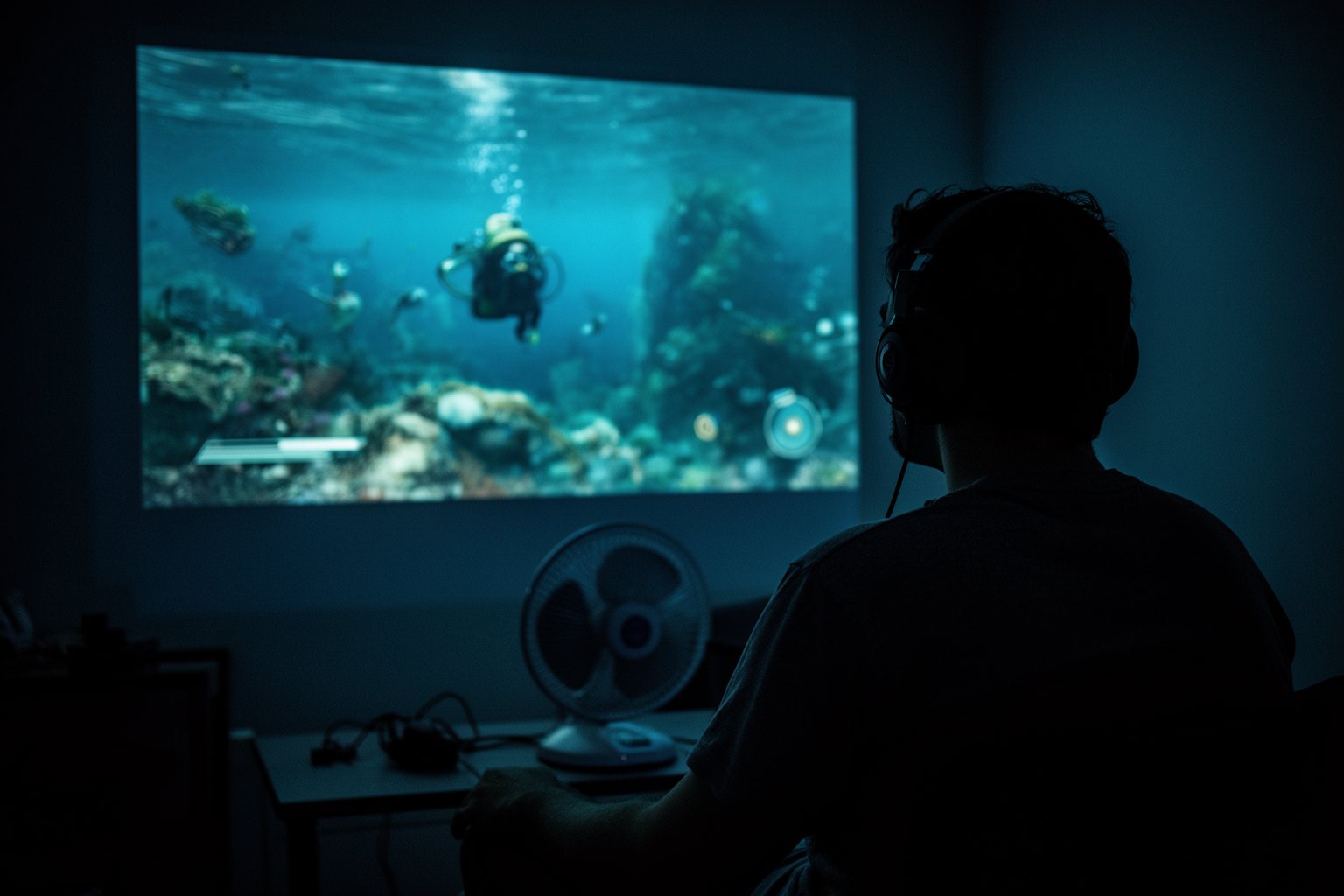 Player in a dark room lit by the deep blue glow of an underwater exploration game