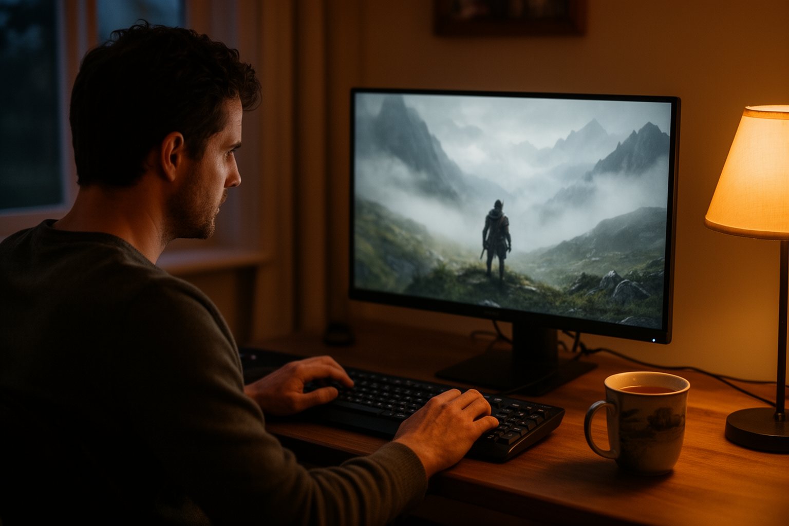 Delving Deep: The Hidden World of RPG Games Player starting a fantasy role-playing game on a PC in a cosy room