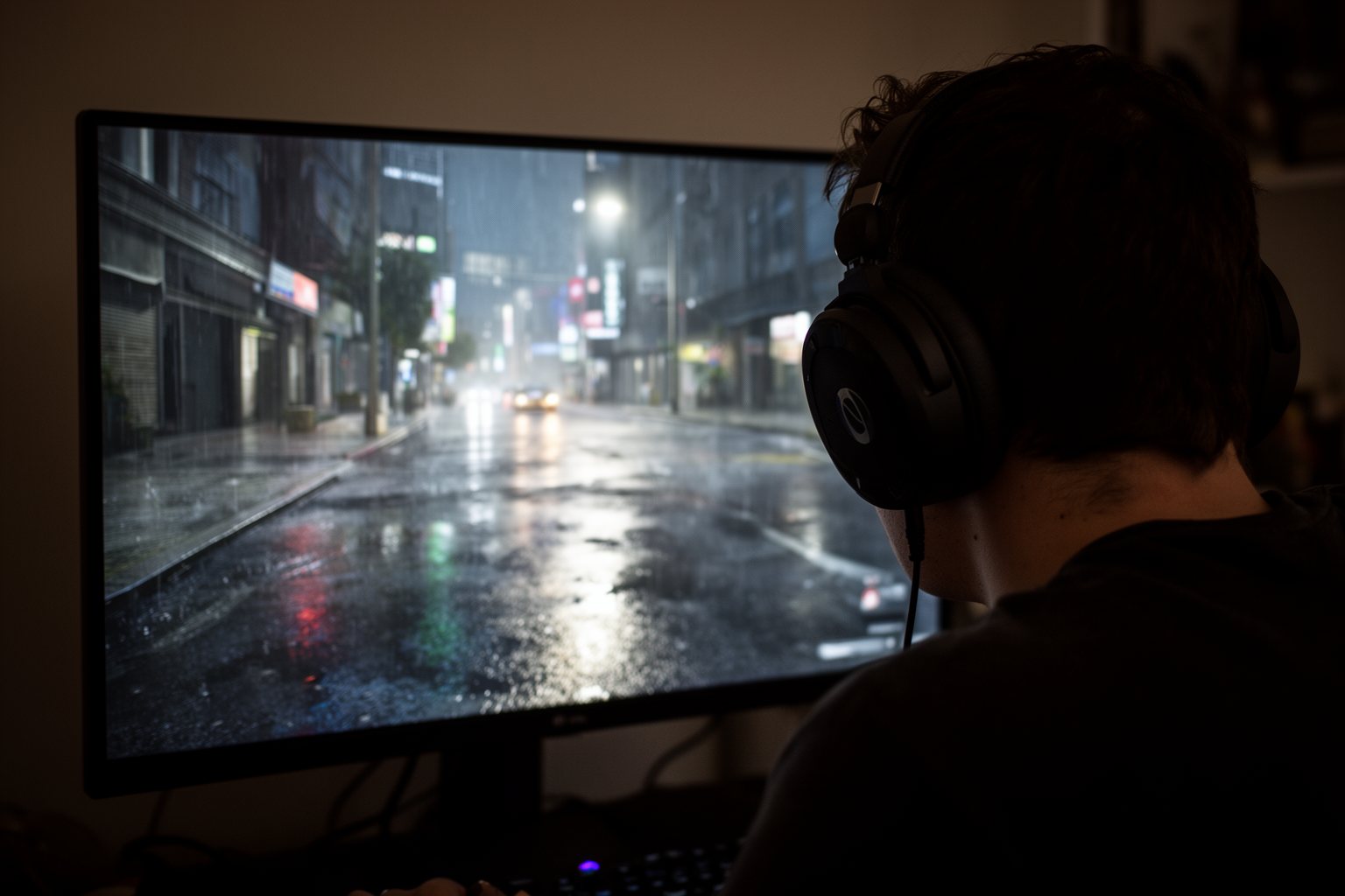 AI in PC Gaming: How It Powers Realistic Game Worlds Player with headphones immersed in a realistic rainy city scene on a large monitor
