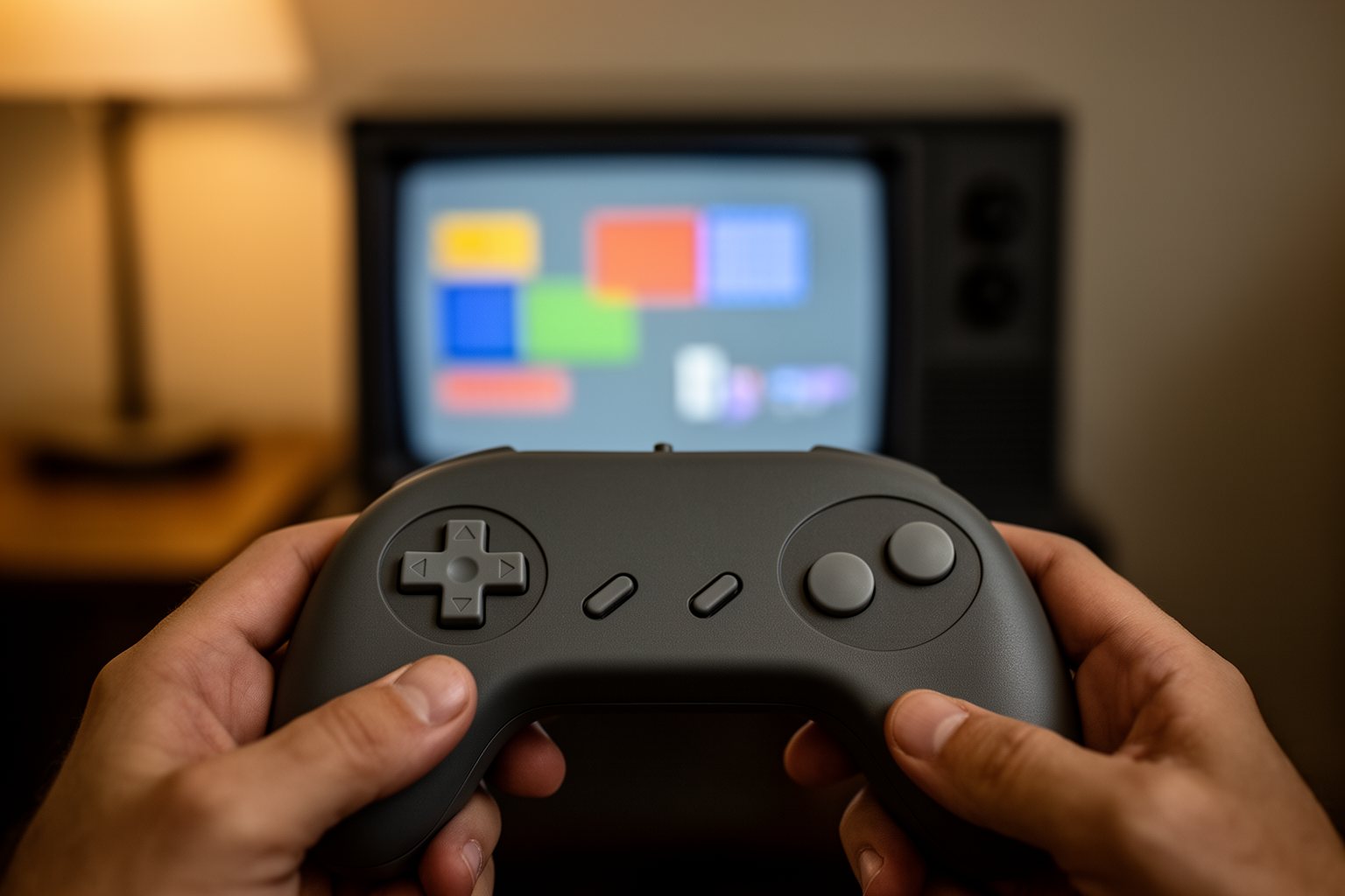 Hands on a simple two-button controller in front of a CRT showing a pixel platformer