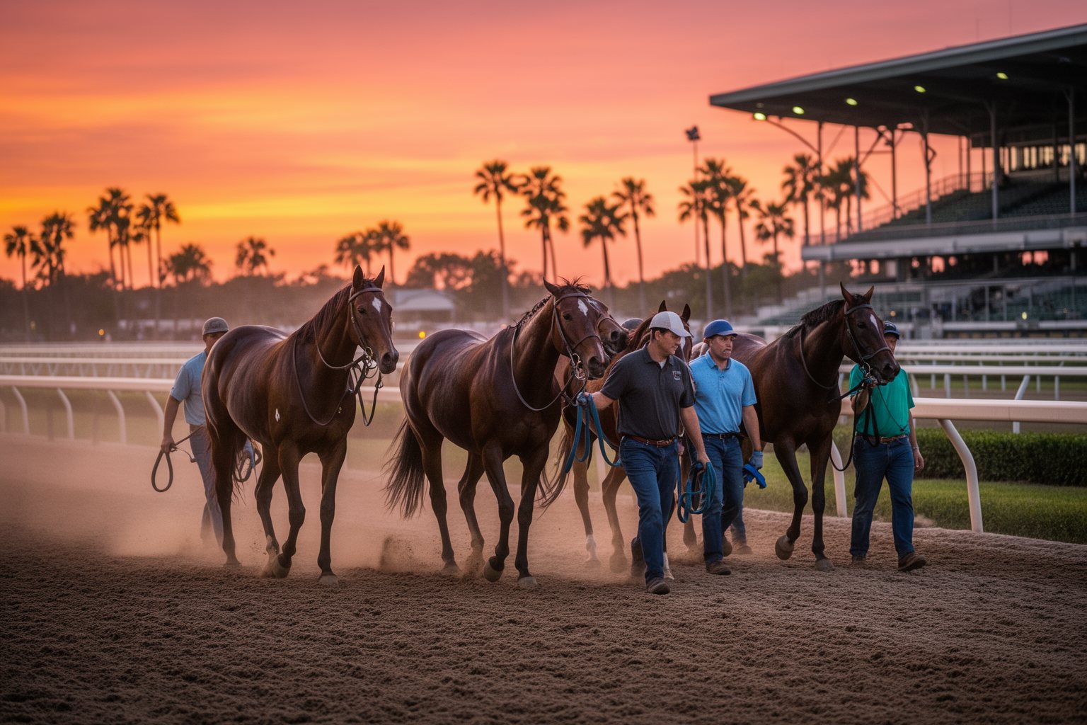 10 Reasons Why Tampa Bay Downs Should Be Your Next Destination Racehorses cooling down on the track at sunset in front of the grandstand