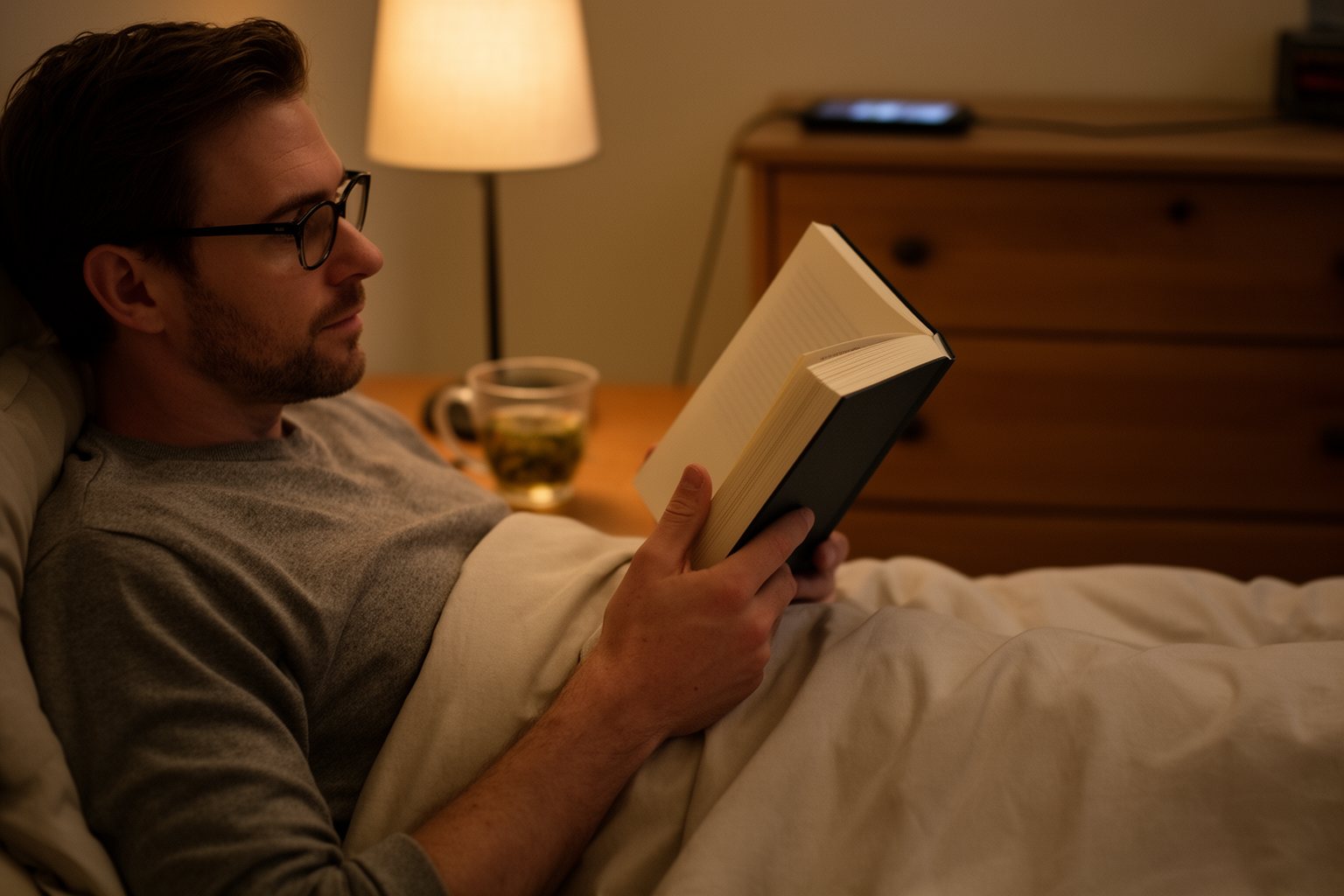 Hacking Your Sleep For A Restful Night Man reading a paper book by a dim lamp with his phone charging across the room
