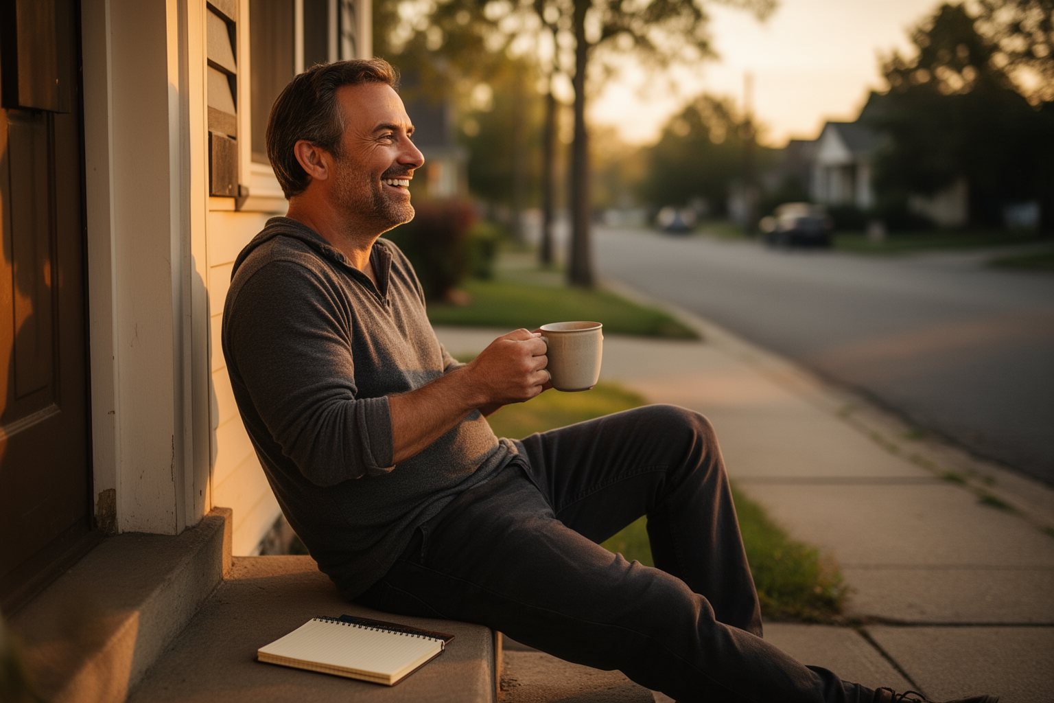 8 Budgeting Basics You Probably Don't Know Smiling man relaxing on his porch at sunset with tea, feeling in control of his budget