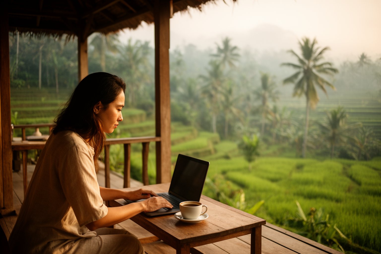 Remote worker starting the day on a guesthouse veranda overlooking rice terraces