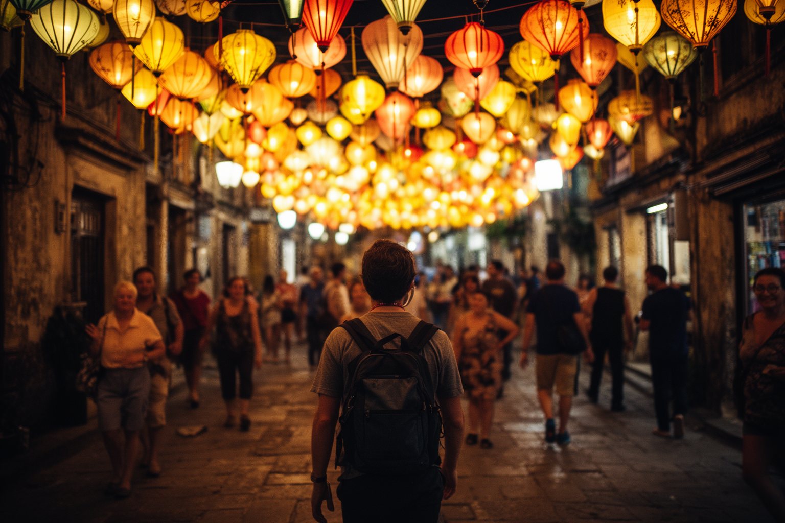 Remote worker exploring a lantern festival in a town's old quarter at night