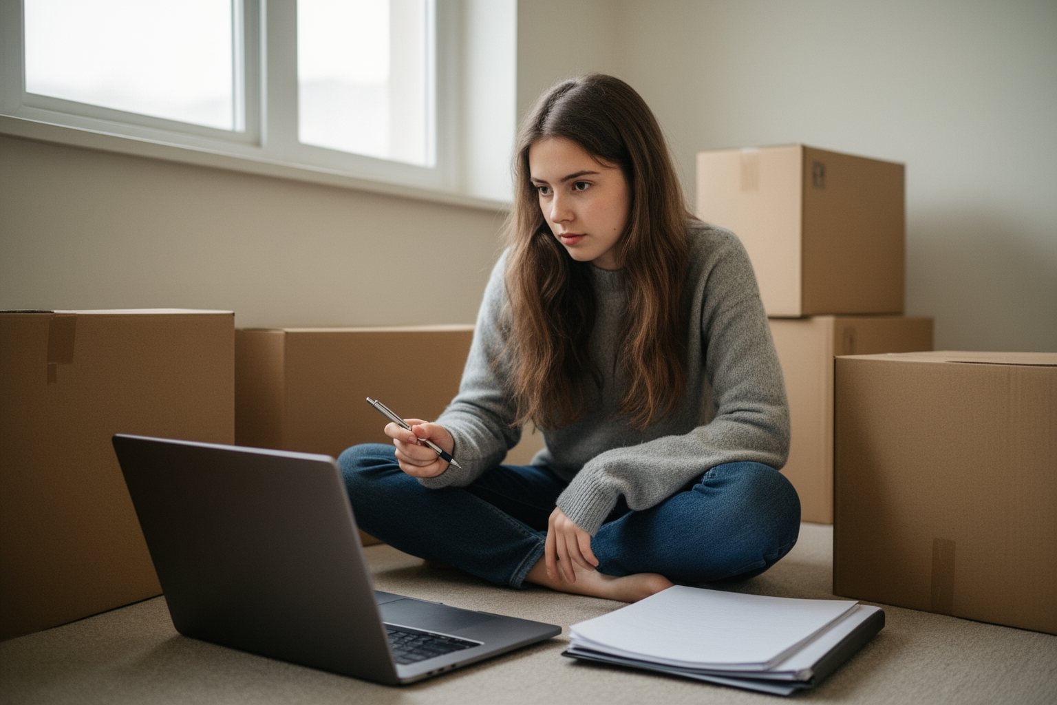 Money Lessons for Young Adults I'd Teach My Younger Self Young renter checking insurance options on a laptop among moving boxes in a new apartment