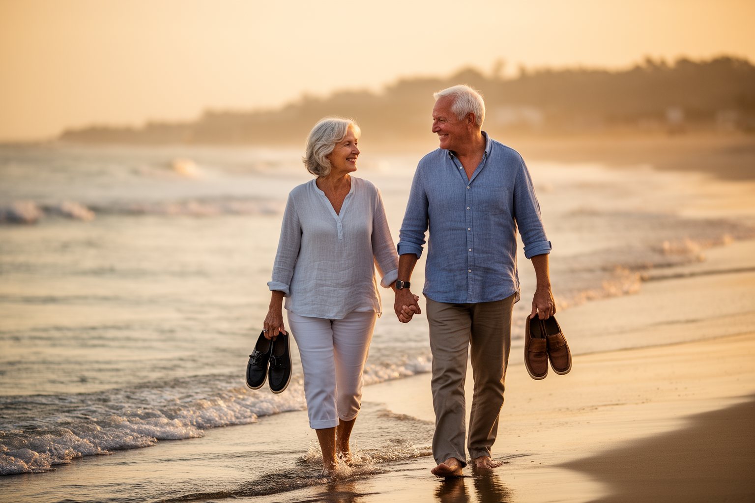 Money Lessons for Young Adults I'd Teach My Younger Self Retired couple walking hand in hand on a beach, the reward of early retirement planning