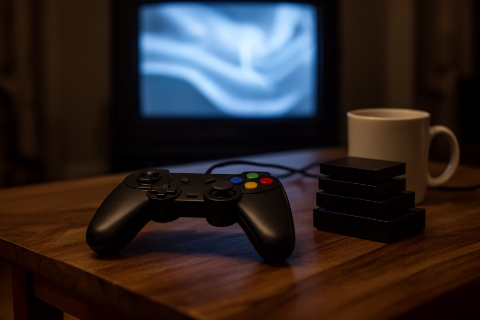Classic game controller resting on a coffee table in front of a glowing CRT at night