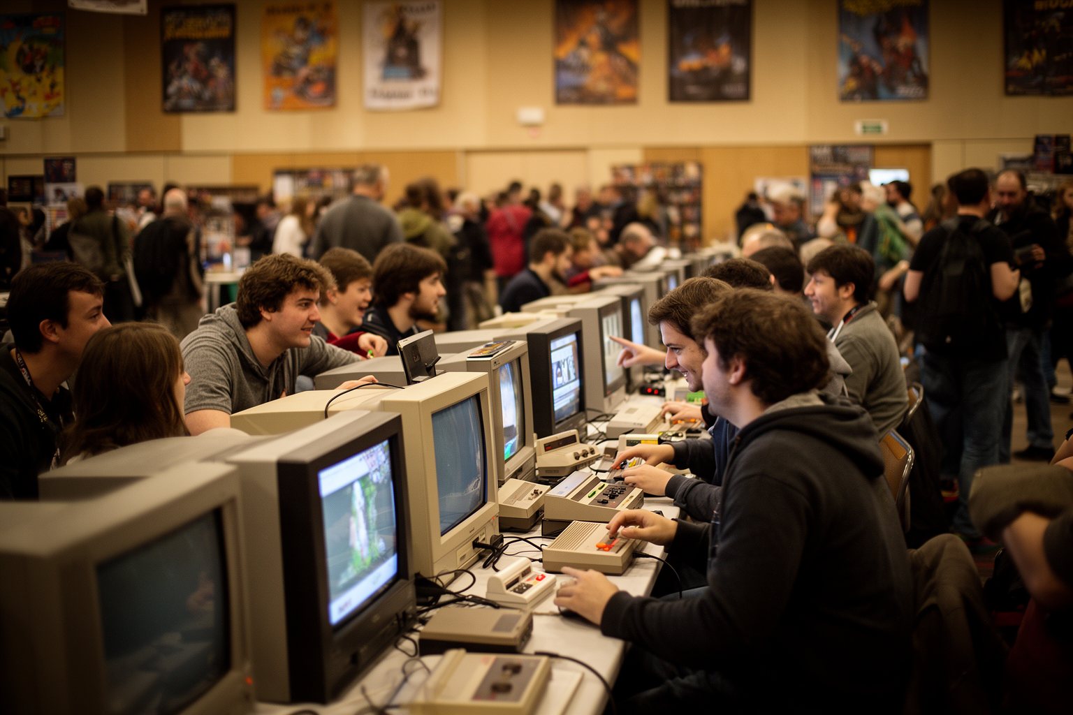 Players at rows of CRT televisions in the free-play hall of a retro gaming convention