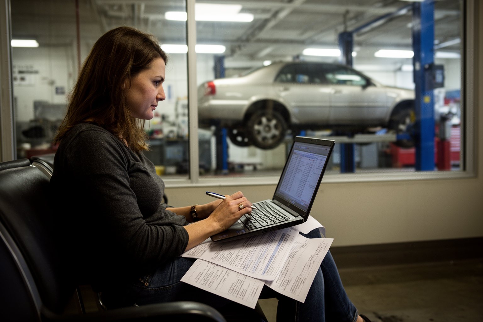 8 Budgeting Basics You Probably Don't Know Woman revising her budget on a laptop in a car repair waiting room after an unexpected bill