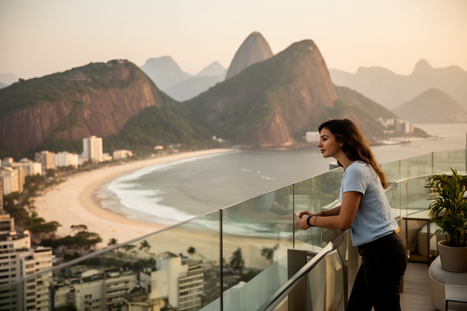 Rooftop hotel terrace overlooking Rio de Janeiro's bay and mountains