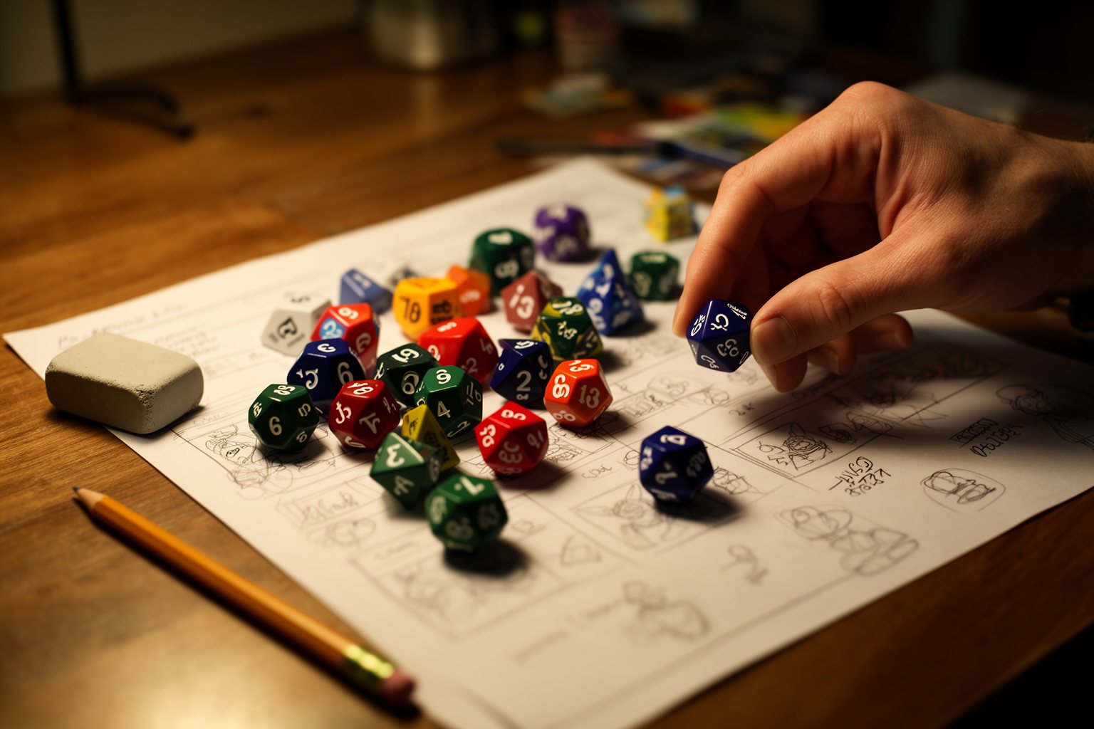 Delving Deep: The Hidden World of RPG Games Polyhedral dice and a pencilled character sheet on a gaming table