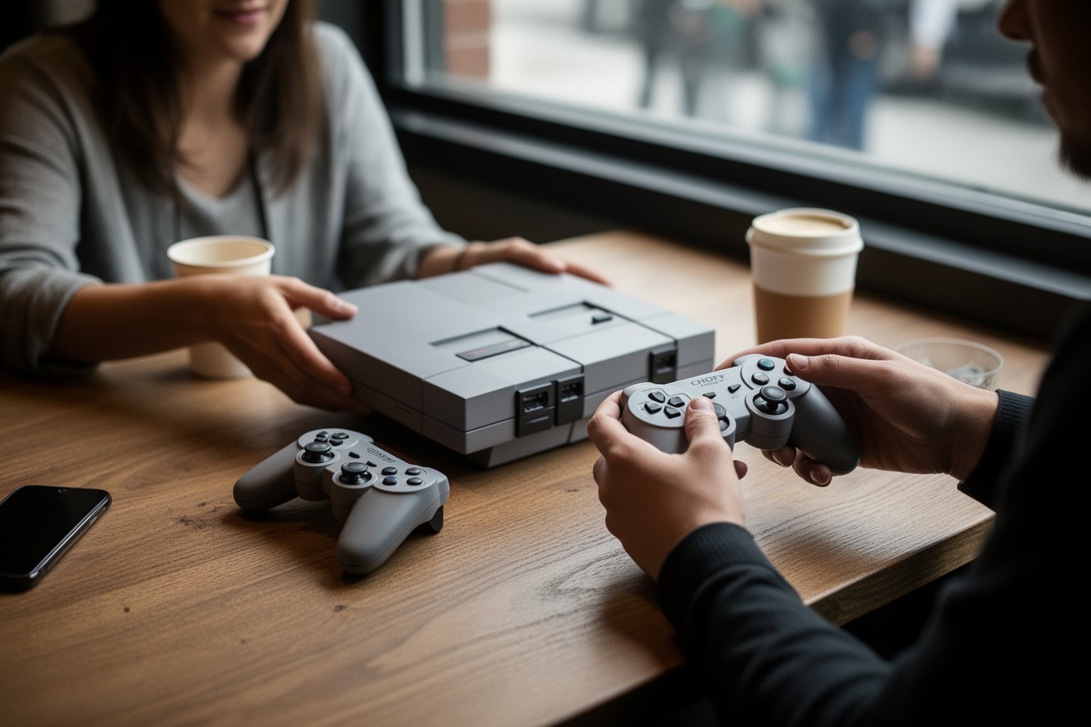 PC vs Console Gaming Cost: Which Is Cheaper Long Term? Seller handing a used game console to a buyer at a cafe meetup
