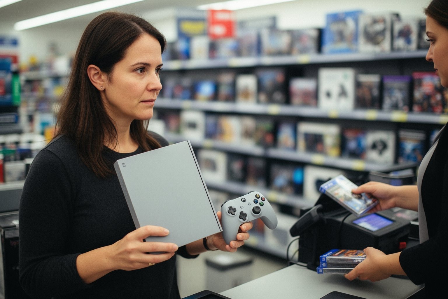 PC vs Console Gaming Cost: Which Is Cheaper Long Term? Shopper holding a boxed game console at an electronics store checkout