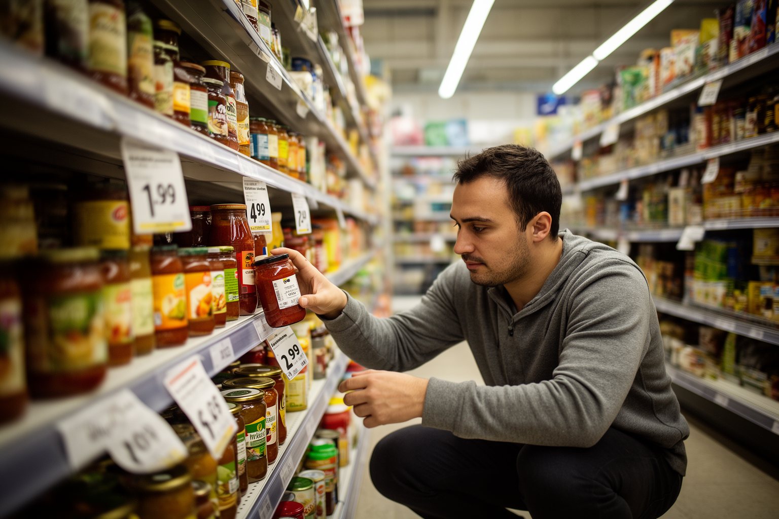 Shopper checking shelf price tags and discount labels before choosing a product
