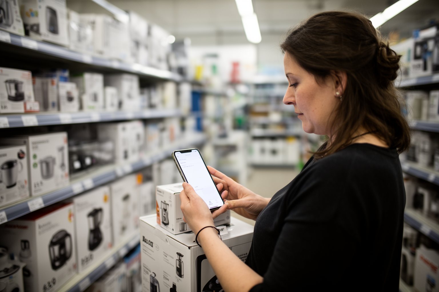 Penny Pinching Pros: How to Save Money Like a Pro Shopper comparing prices on a phone app while holding a product in a store