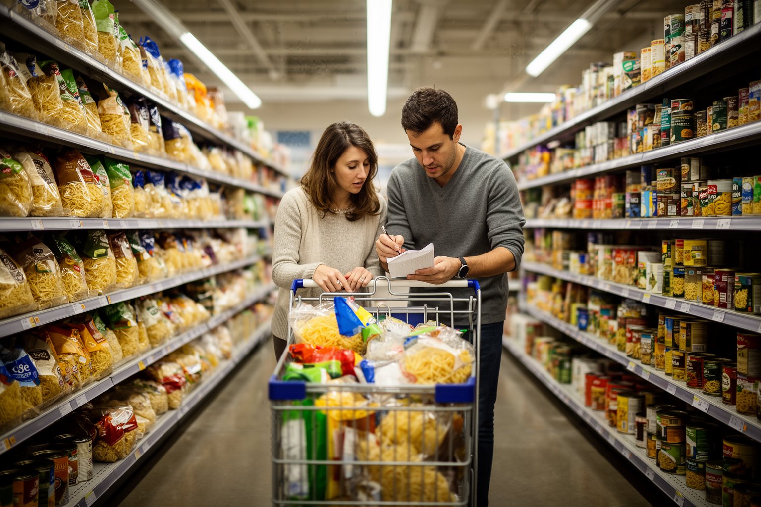 Couple pushing a shopping cart of groceries down a supermarket aisle