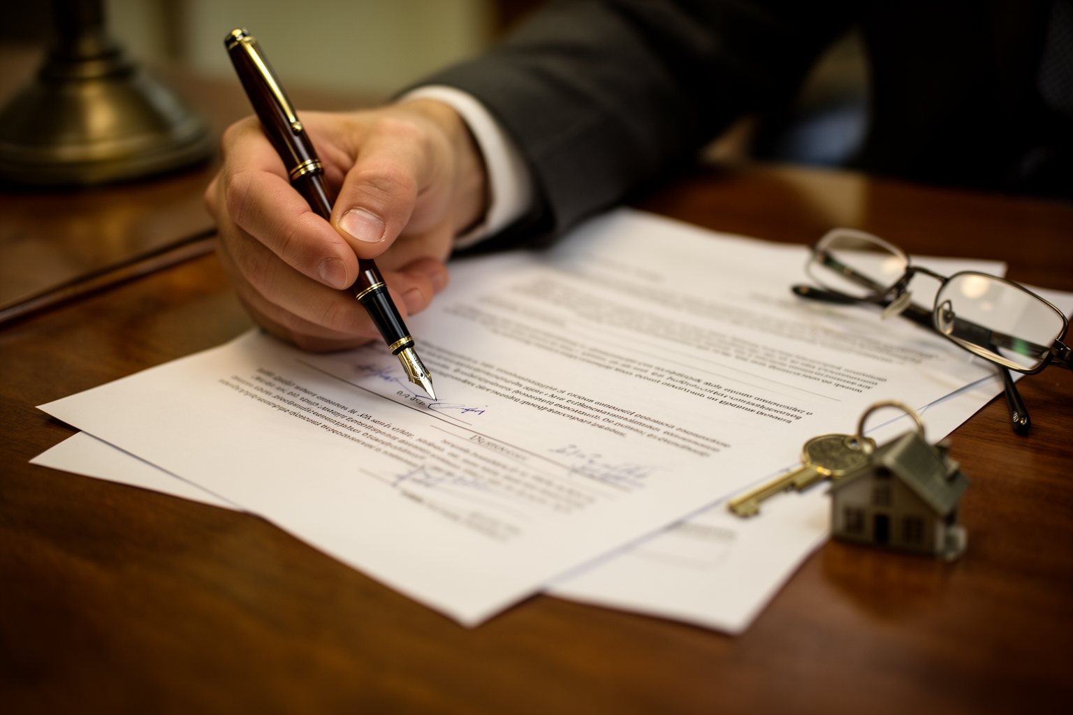 Hand signing a last will with a fountain pen on a wooden desk