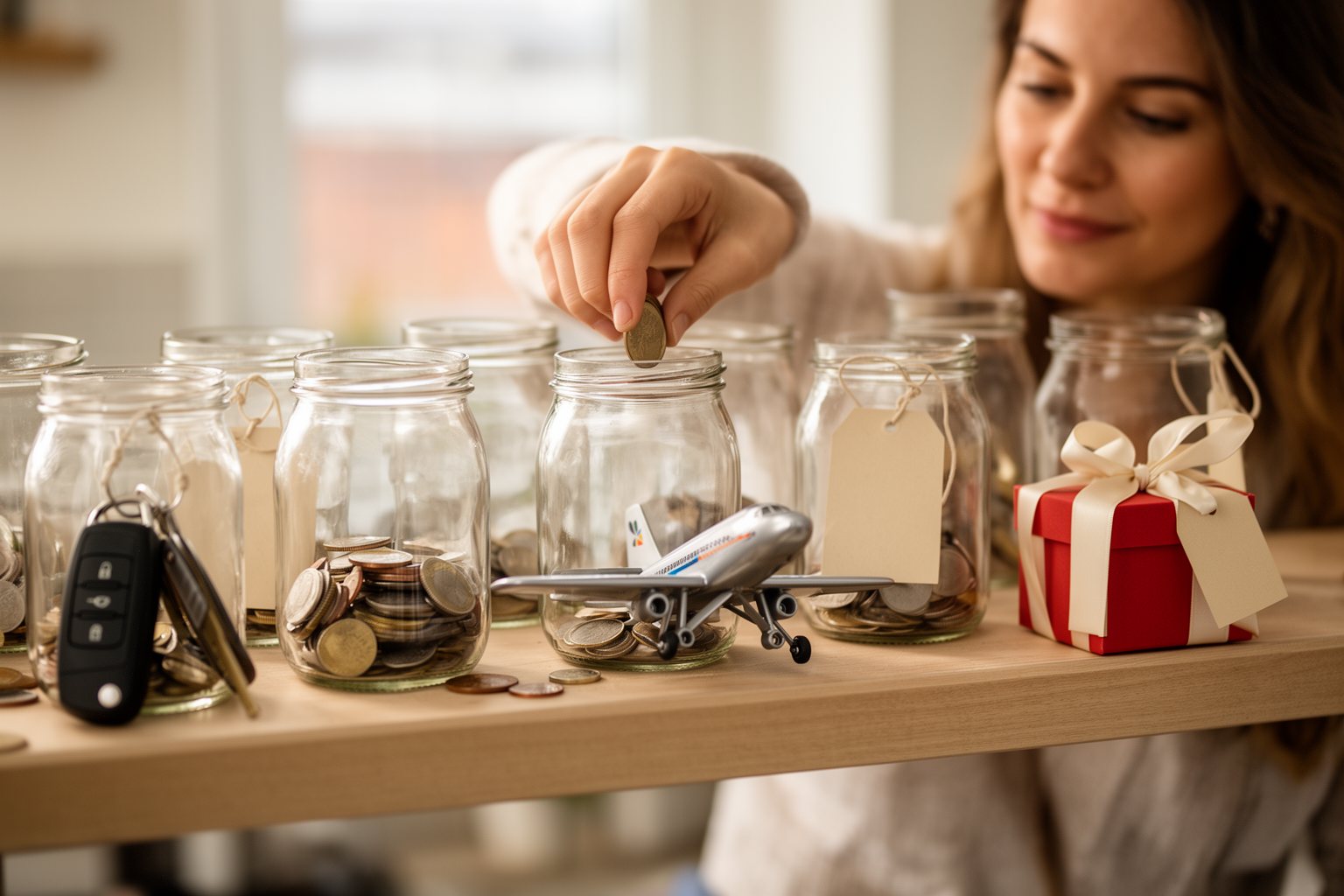 8 Budgeting Basics You Probably Don't Know Row of sinking fund jars on a shelf beside car keys, a toy plane and a gift box