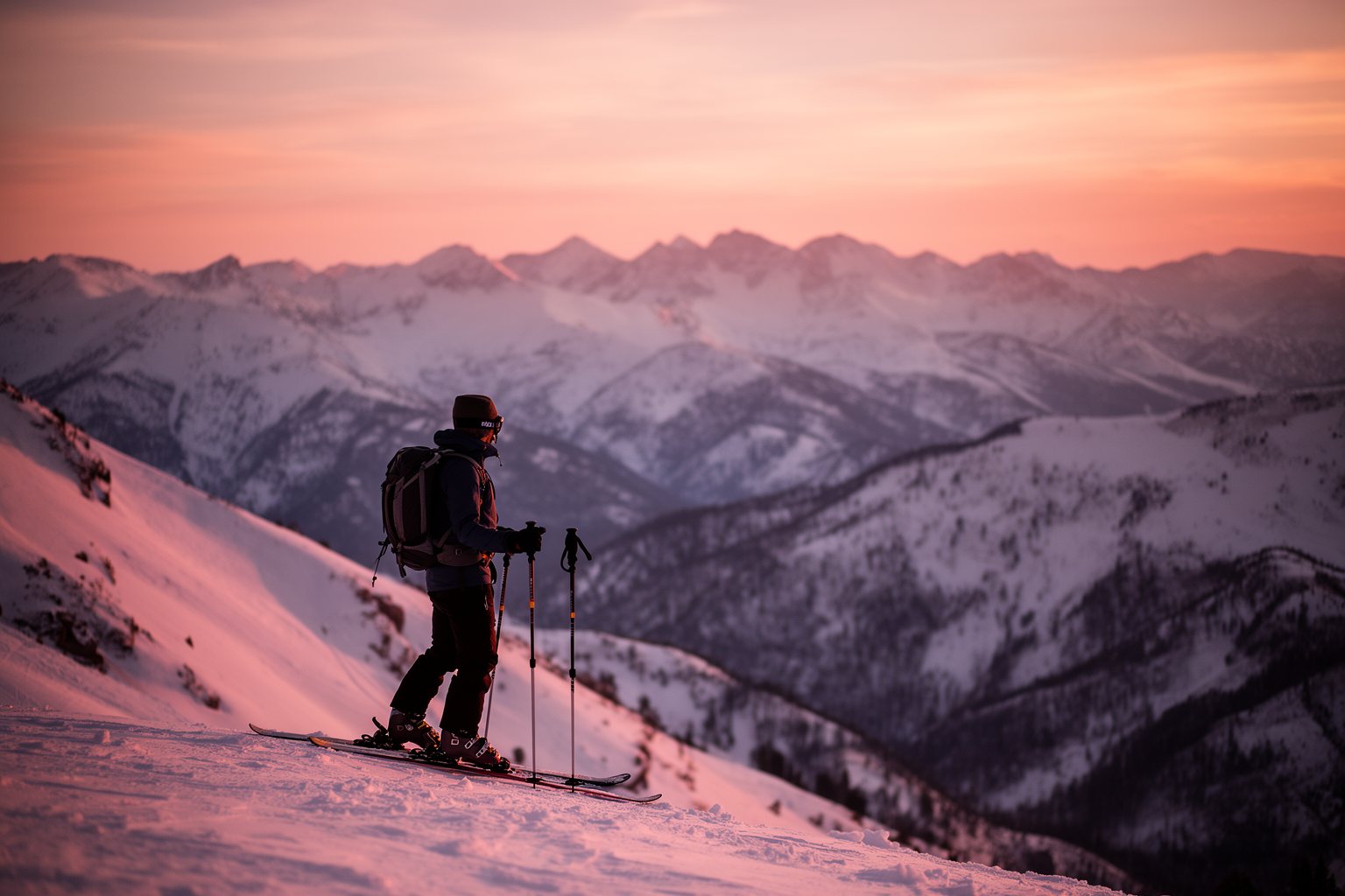 Utah Ski Towns: Park City, Alta, Snowbird and More Skier resting on a ridge overlooking the Wasatch Mountains at sunset