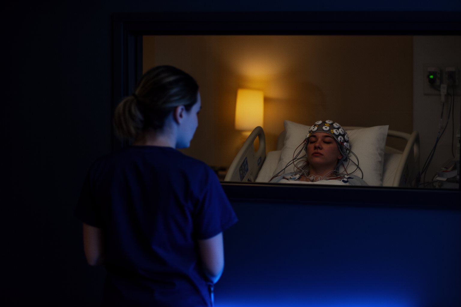 Hacking Your Sleep For A Restful Night Sleep lab technician monitoring an overnight sleep study from a control room