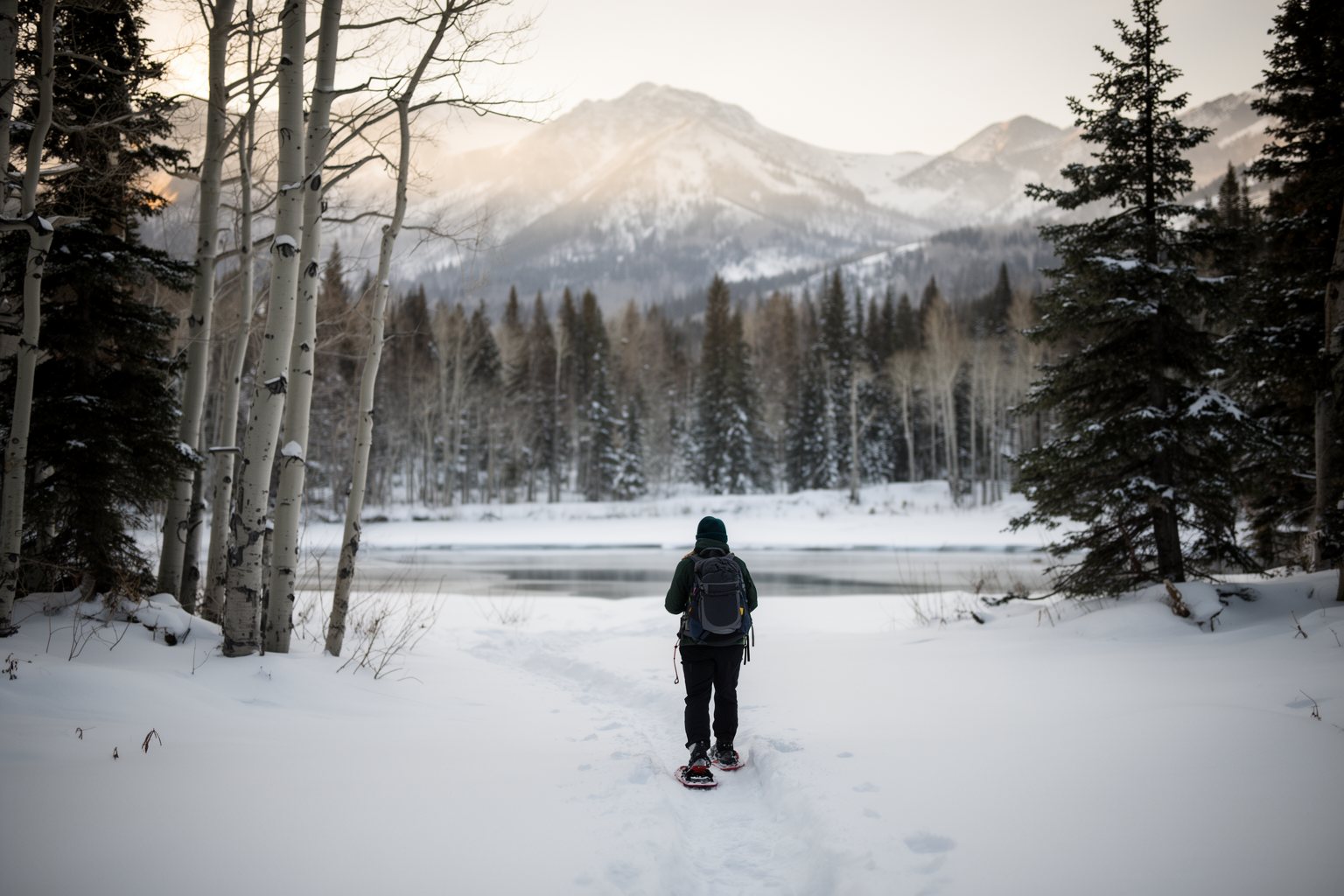 Utah Ski Towns: Park City, Alta, Snowbird and More Lone snowshoer on a quiet trail through snowy aspens at Solitude, Utah