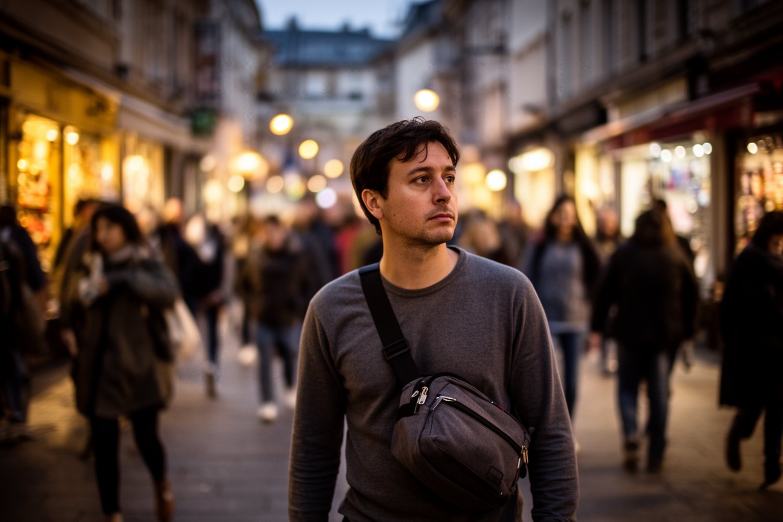 Solo traveler with a crossbody bag walking alertly through a crowded evening street