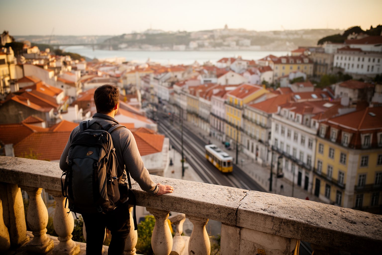 Solo traveler with a backpack at a Lisbon viewpoint over terracotta rooftops