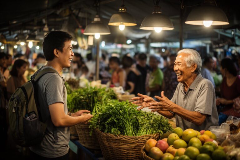Embracing Local Culture: Essential Tips for Solo Travelers Solo traveler chatting with a vendor at a local food market, cultural immersion