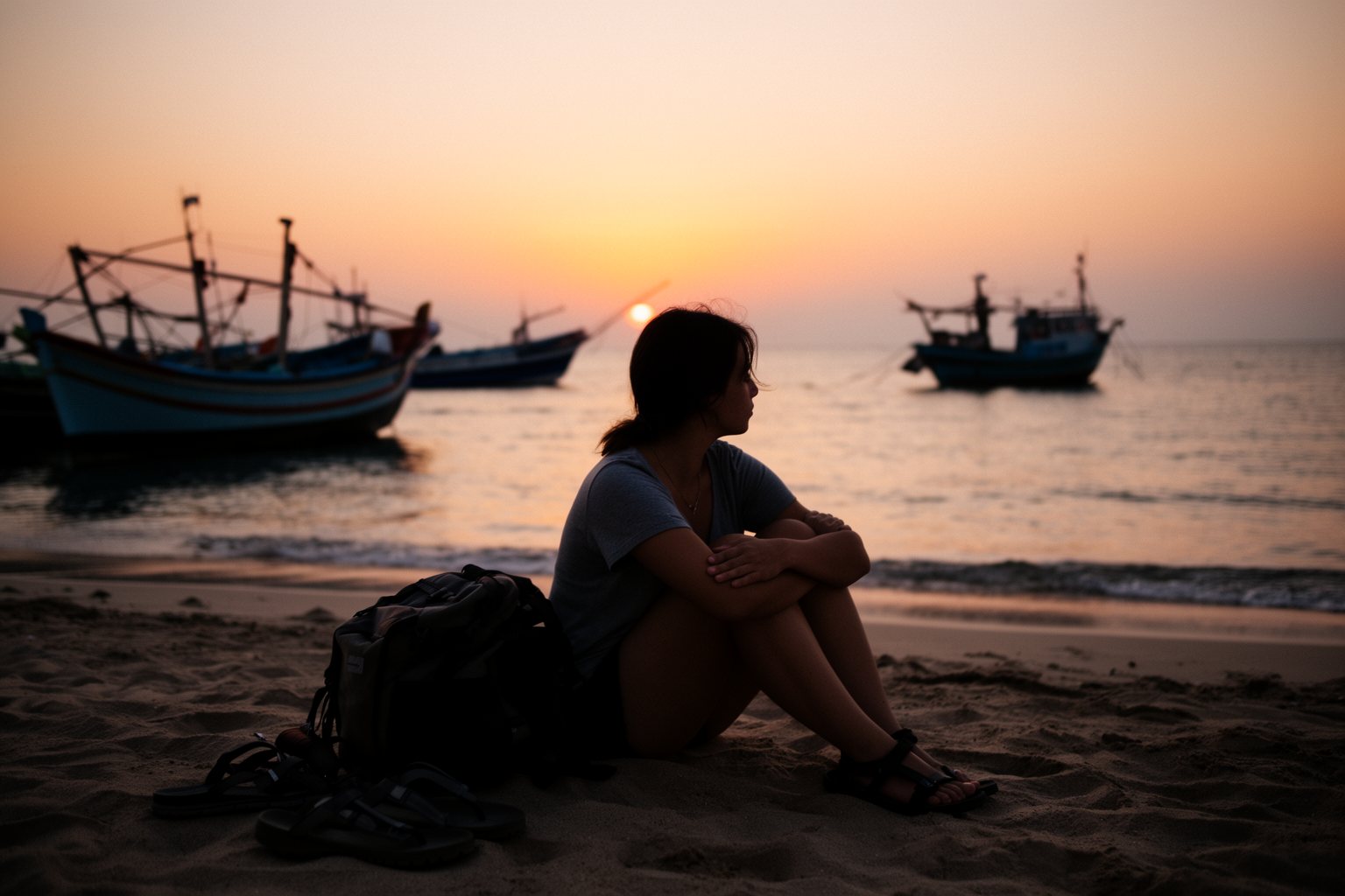 Solo traveler sitting on a beach at sunset on the last evening of a trip