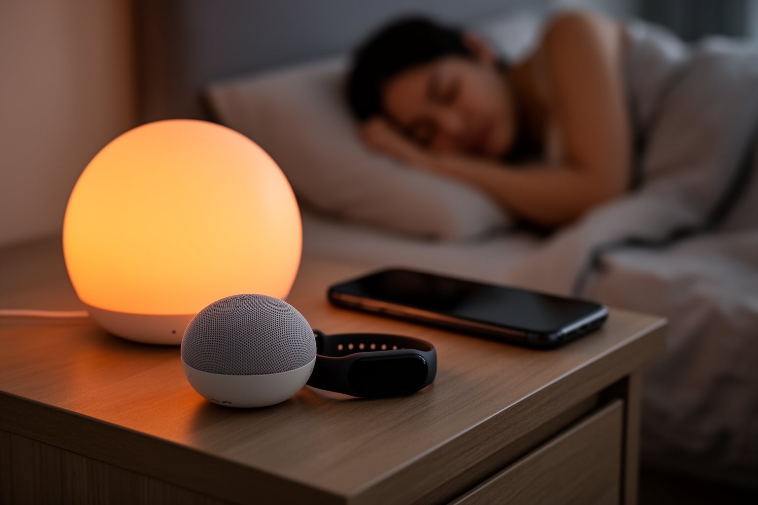 Hacking Your Sleep For A Restful Night Sunrise alarm lamp and white noise machine on a nightstand, technological aids for better sleep