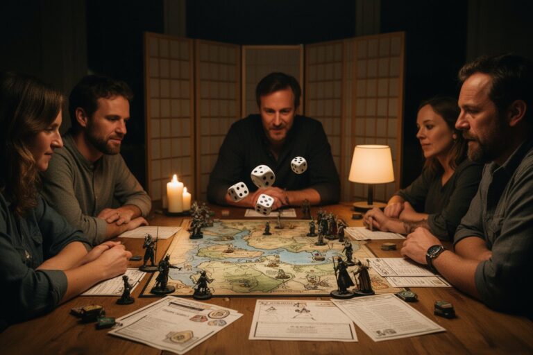 Delving Deep: The Hidden World of RPG Games Friends playing a tabletop RPG with dice, maps and miniatures around a candlelit table