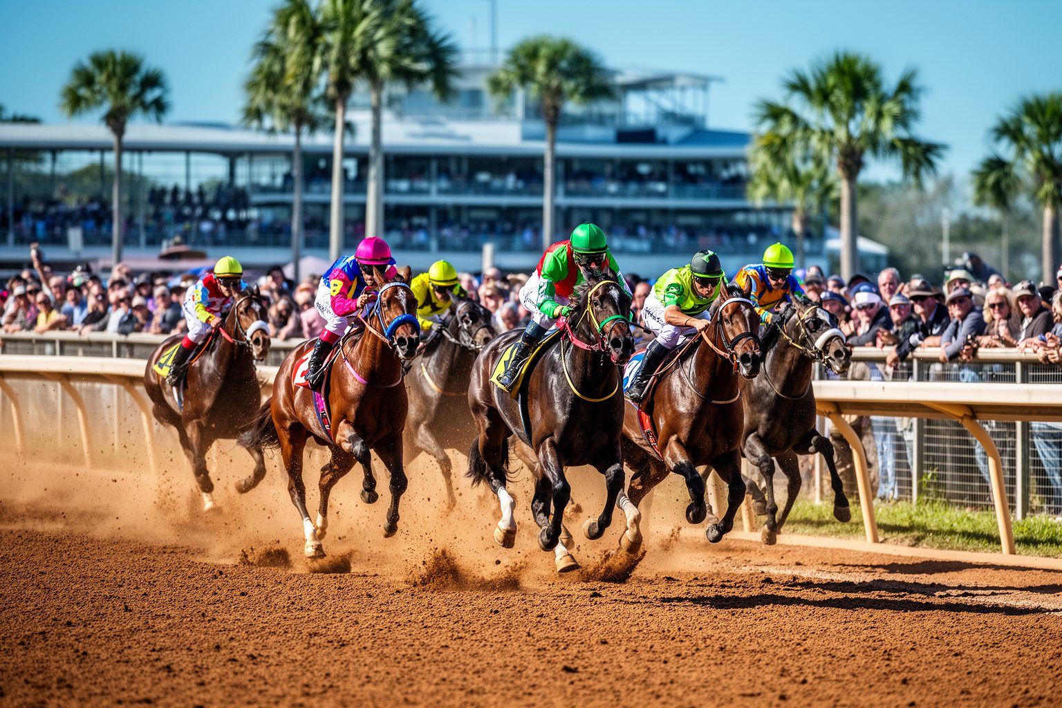 10 Reasons Why Tampa Bay Downs Should Be Your Next Destination Thoroughbreds racing down the dirt home stretch past the grandstand at Tampa Bay Downs