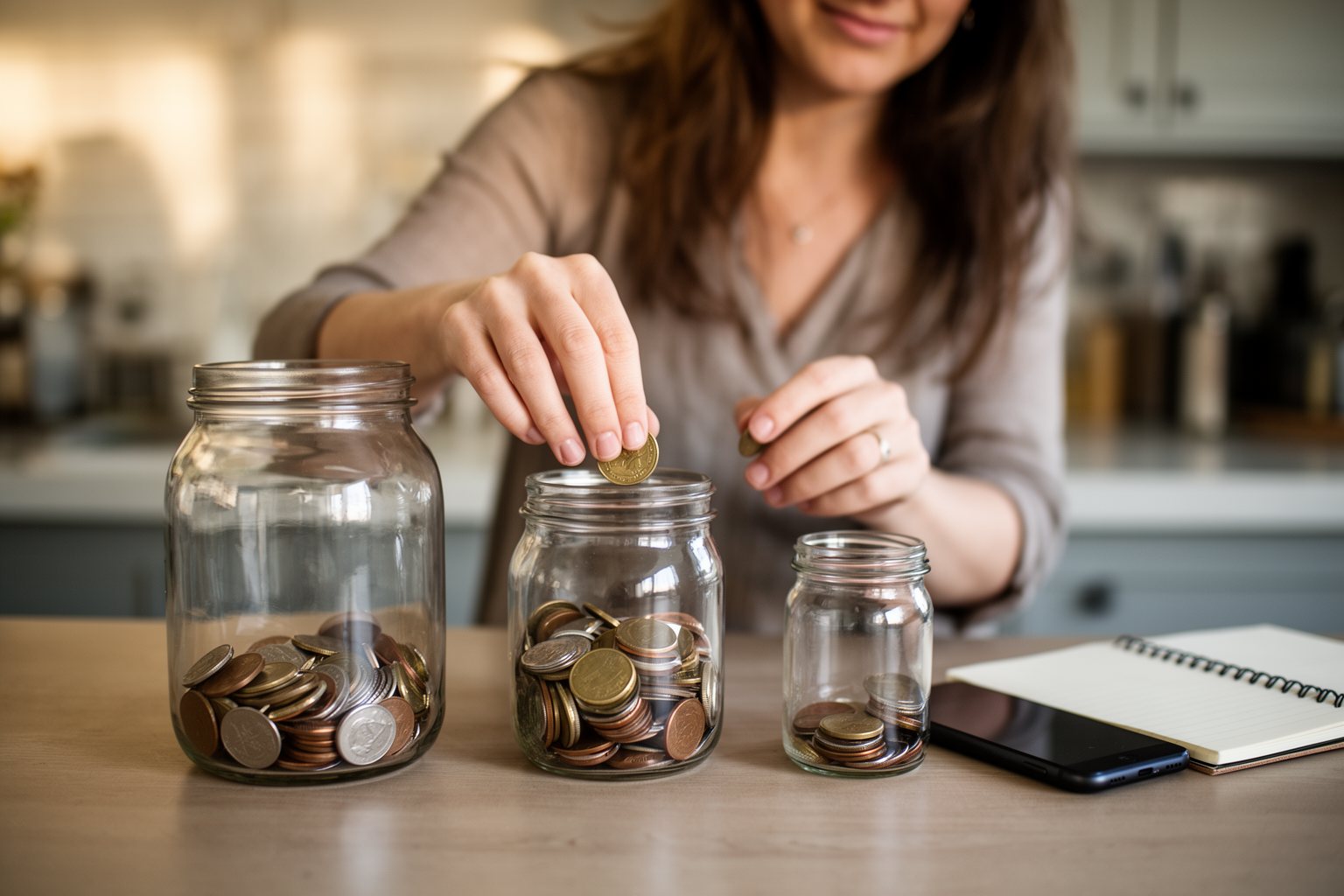 8 Budgeting Basics You Probably Don't Know Woman dividing coins into three jars of different sizes for needs, wants and savings