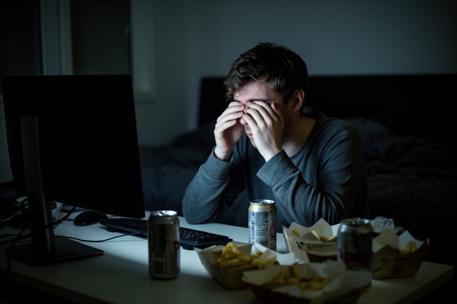 Esports and Social Networks: How Communities Drive Growth Tired adult gamer alone at a desk late at night, lit only by the monitor