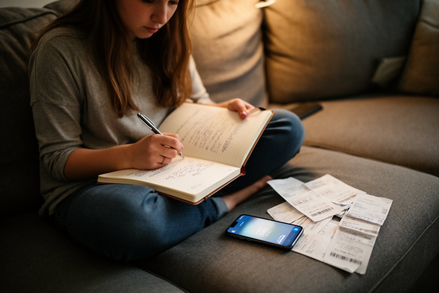 Penny Pinching Pros: How to Save Money Like a Pro Young woman tracking her income and expenses in a notebook on the couch